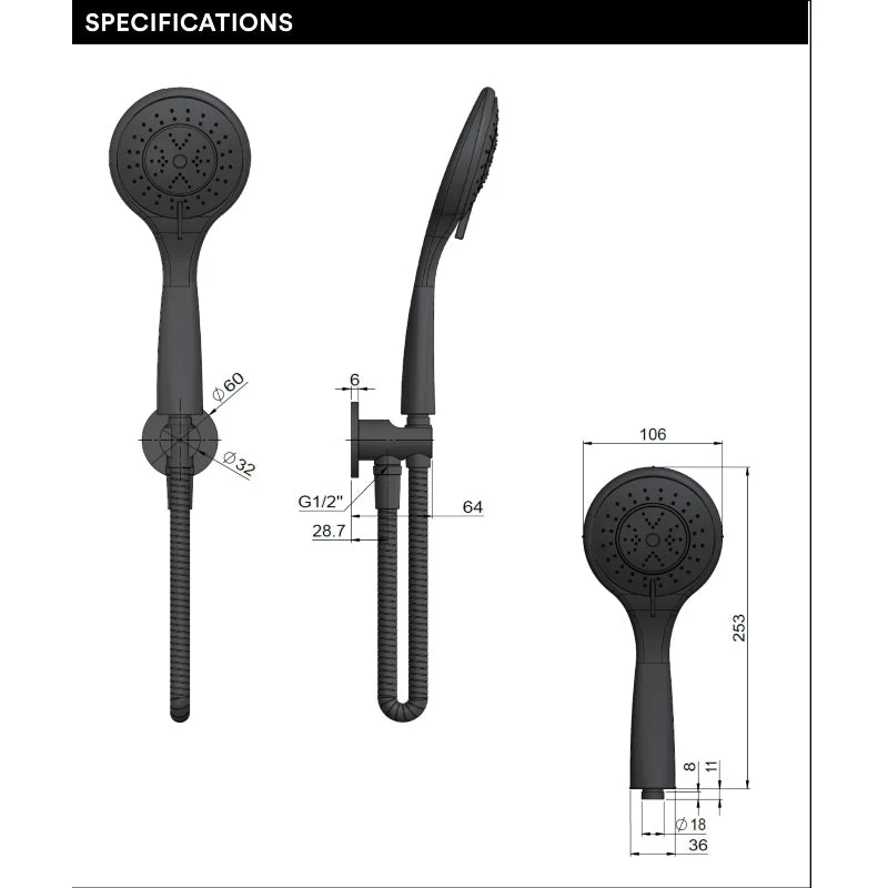 Meir Round Three Function Hand Shower on Fixed Bracket - Black Matte - Image 4