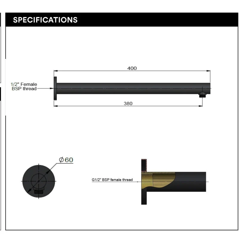 Meir Round Wall Shower Arm 400mm - Champagne - Image 3
