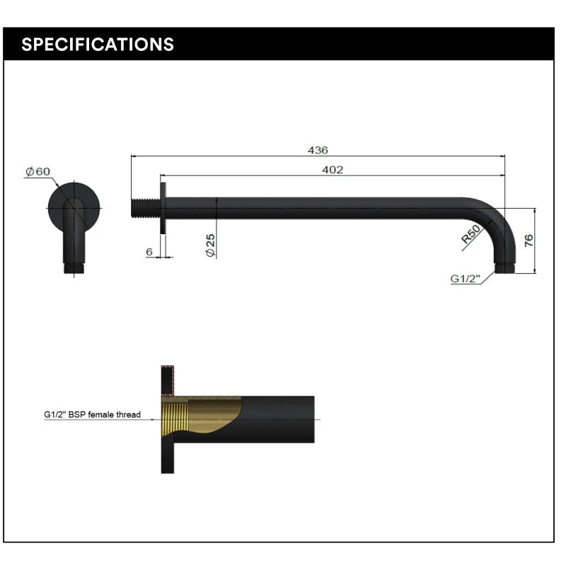 Meir Round Wall Shower Curved Arm 400mm - Black Matte - Image 5