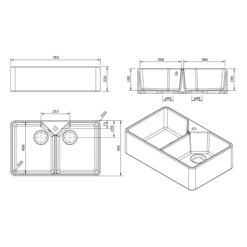 Turner Hastings Chester 800mm Double Flat Fireclay Butler Sink with Taphole and Overflow - Image 8
