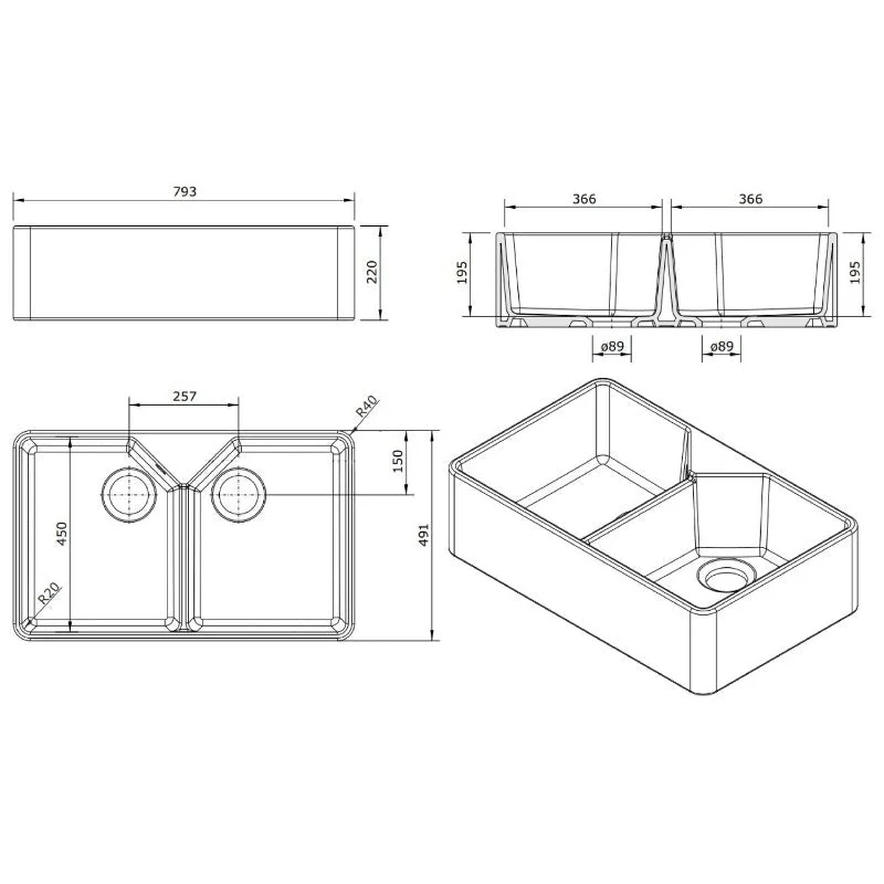Turner Hastings Cuisine 116 x 50 Inset / Undermount Fine Fireclay Gloss White Sink - Double Bowl and Single Drainer - Image 3