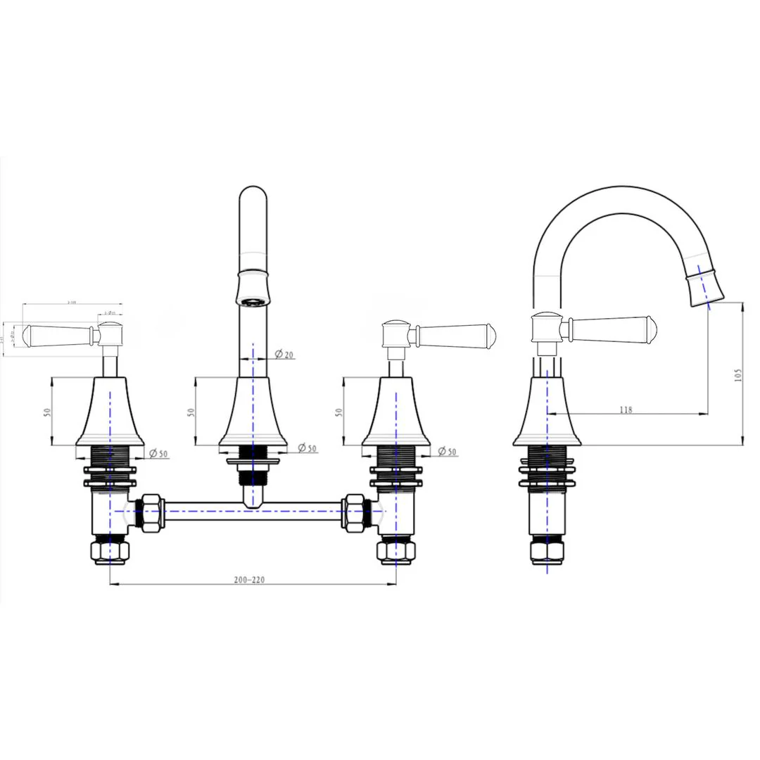 Linsol Vintage Lever Handle Basin Set - Brushed Brass - Image 3