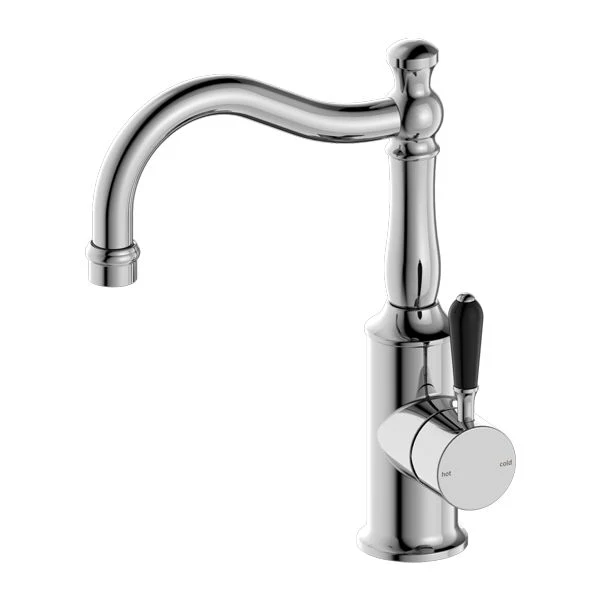 Nero York Basin Mixer Hook Spout With Black Porcelain Lever - Chrome