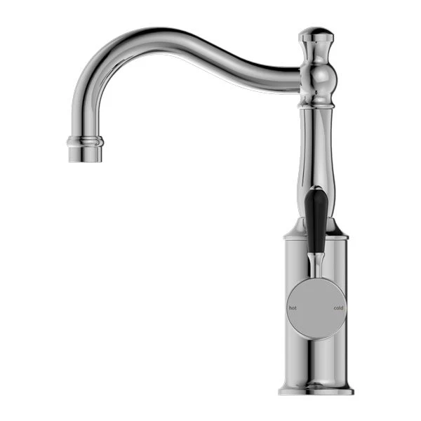 Nero York Basin Mixer Hook Spout With Black Porcelain Lever - Chrome - Image 3