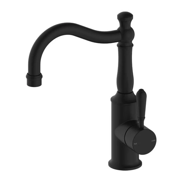 Nero York Basin Mixer Hook Spout With Metal Lever - Black Matte