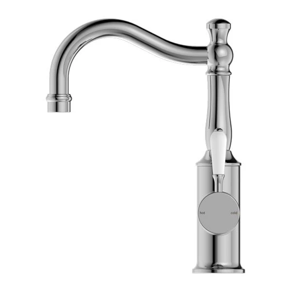 Nero York Basin Mixer Hook Spout With White Porcelain Lever - Chrome - Image 3