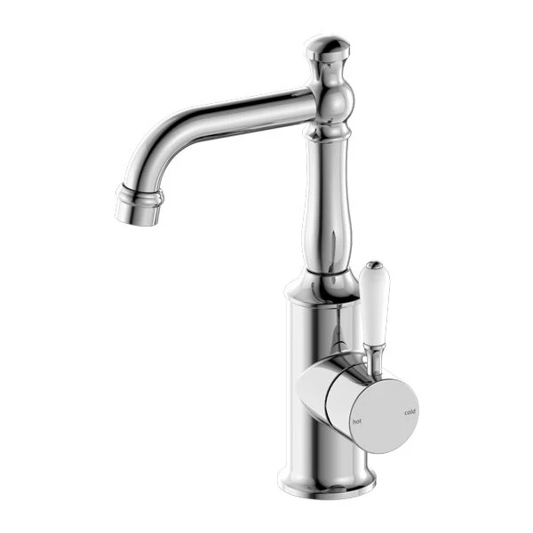Nero York Basin Mixer With White Porcelain Lever - Chrome