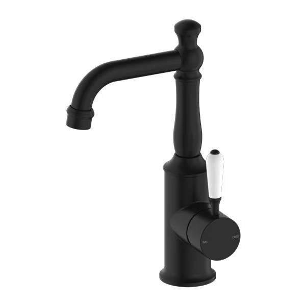 Nero York Basin Mixer With White Porcelain Lever - Black Matte