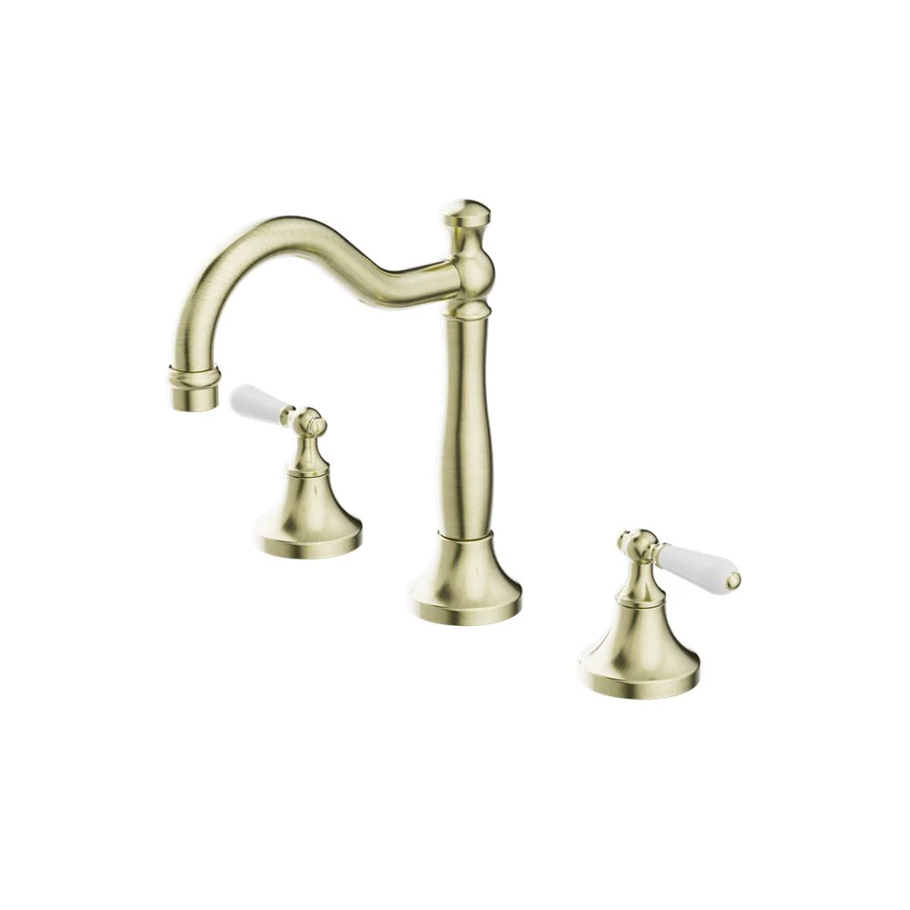 Nero York Basin Set With White Porcelain Lever - Aged Brass
