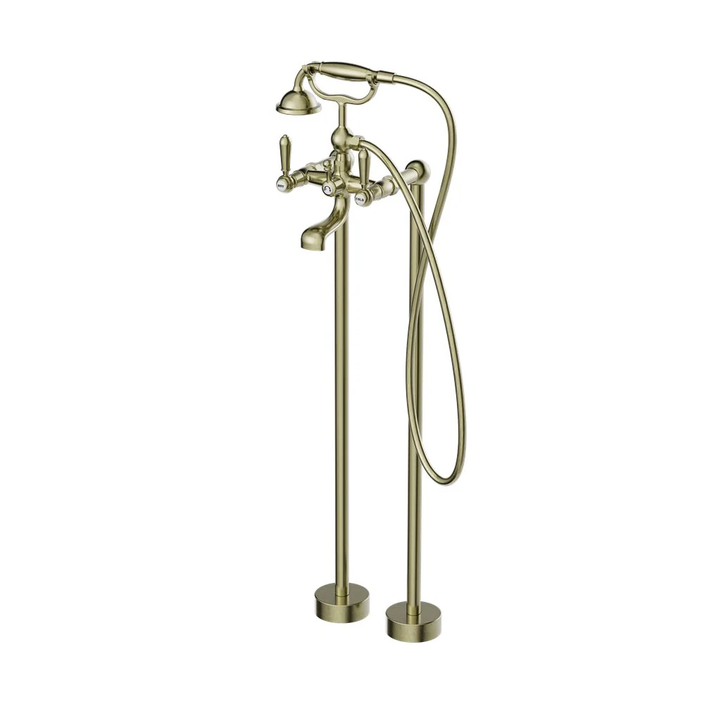 Nero York Freestanding Bath Set With Metal Hand Shower - Aged Brass