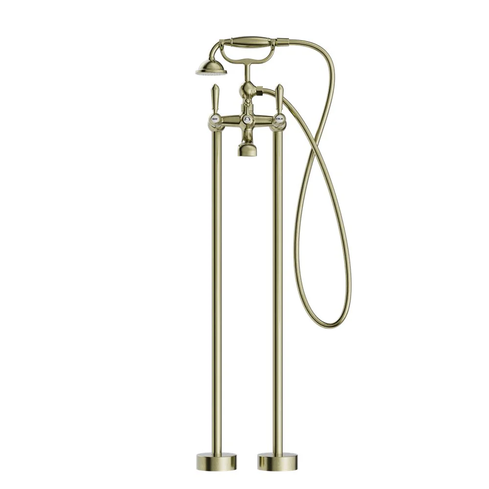 Nero York Freestanding Bath Set With Metal Hand Shower - Aged Brass - Image 2