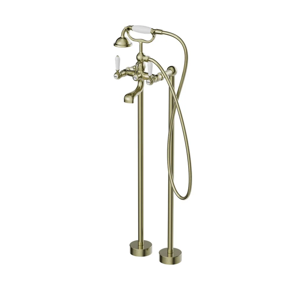 Nero York Freestanding Bath Set With White Porcelain Hand Shower - Aged Brass
