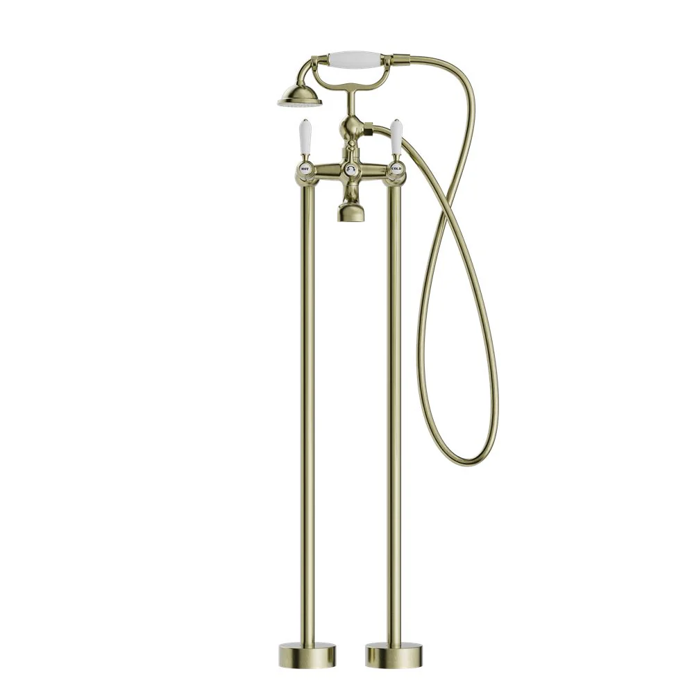 Nero York Freestanding Bath Set With White Porcelain Hand Shower - Aged Brass - Image 2