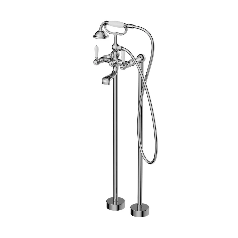Nero York Freestanding Bath Set With White Porcelain Hand Shower - Chrome - Image 2