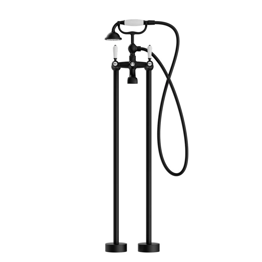 Nero York Freestanding Bath Set With White Porcelain Hand Shower - Black Matte