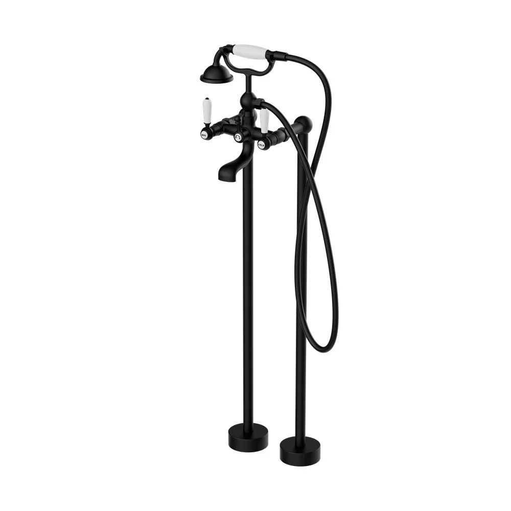 Nero York Freestanding Bath Set With White Porcelain Hand Shower - Black Matte - Image 2