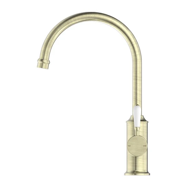 Nero York Kitchen Mixer Gooseneck Spout With White Porcelain Lever - Aged Brass - Image 3