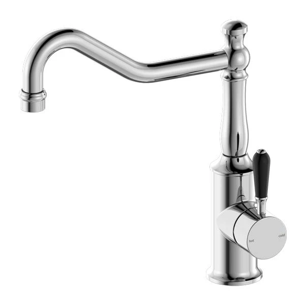 Nero York Kitchen Mixer Hook Spout With Black Porcelain Lever - Chrome