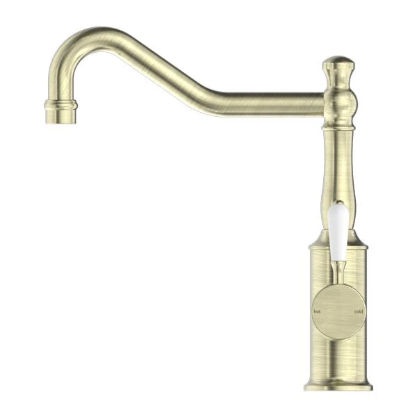 Nero York Kitchen Mixer Hook Spout With White Porcelain Lever - Aged Brass - Image 3