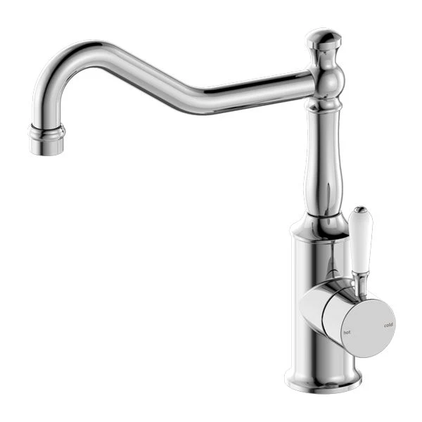 Nero York Kitchen Mixer Hook Spout With White Porcelain Lever - Chrome