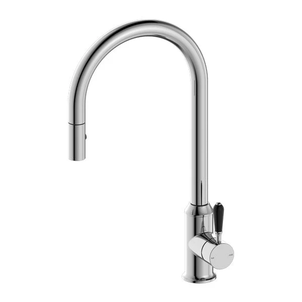 Nero York Pull Out Sink Mixer With Vegie Spray Function With Black Porcelain Lever - Chrome