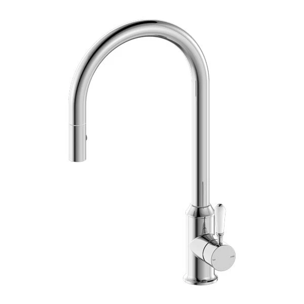 Nero York Pull Out Sink Mixer With Vegie Spray Function With White Porcelain Lever - Chrome