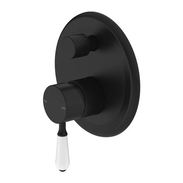Nero York Shower Mixer With Diverter With White Porcelain Lever - Black Matte