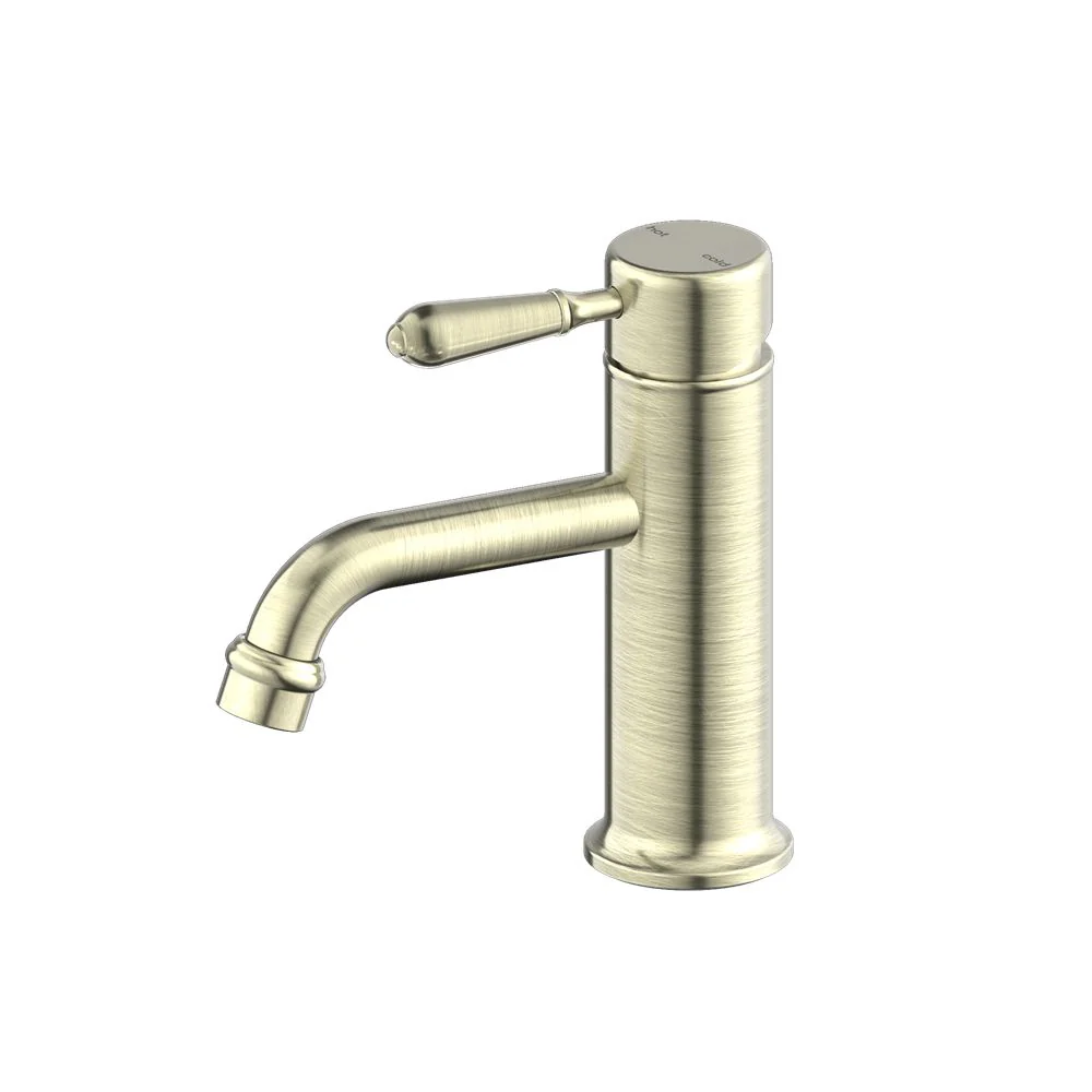 Nero York Straight Basin Mixer With Metal Lever - Aged Brass