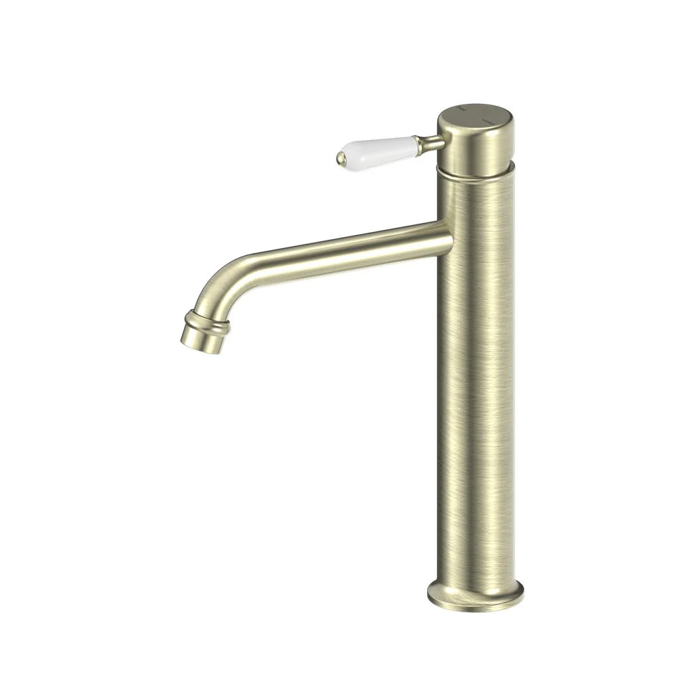 Nero York Straight Tall Basin Mixer With White Porcelain Lever - Aged Brass