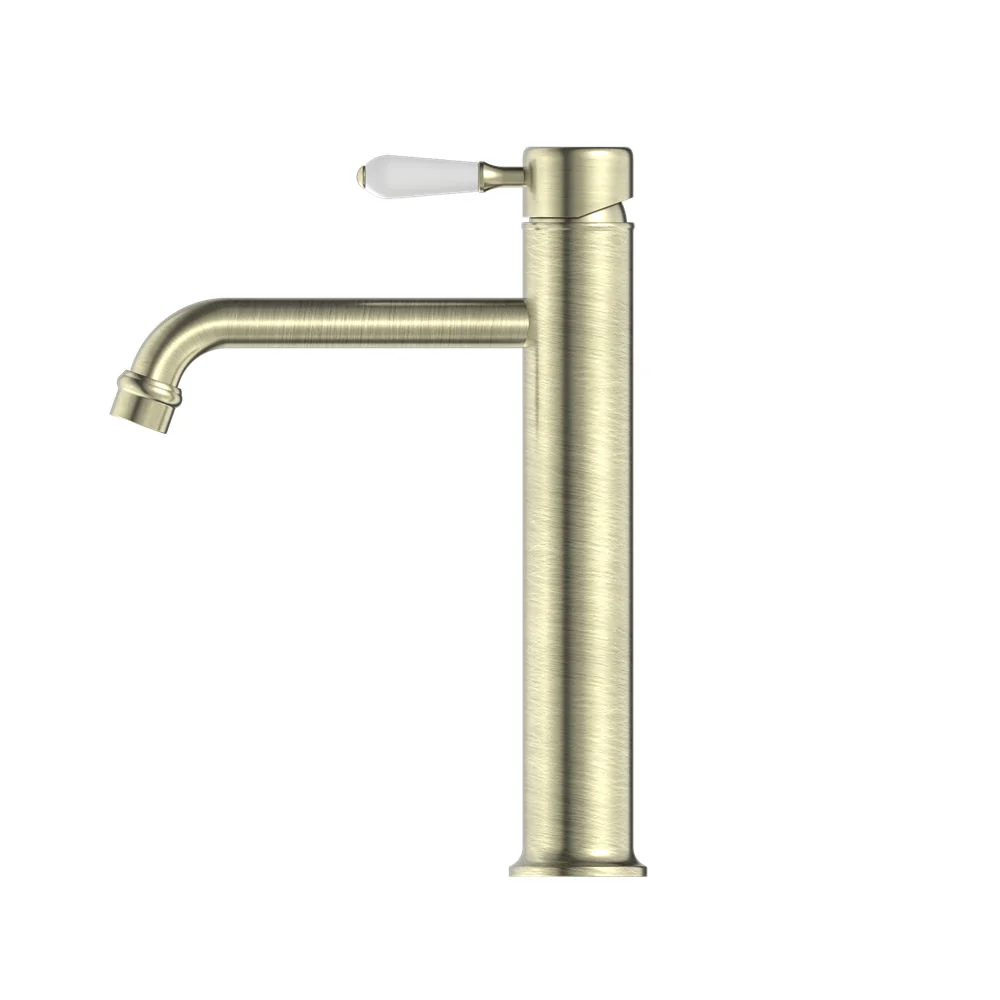 Nero York Straight Tall Basin Mixer With White Porcelain Lever - Aged Brass - Image 2