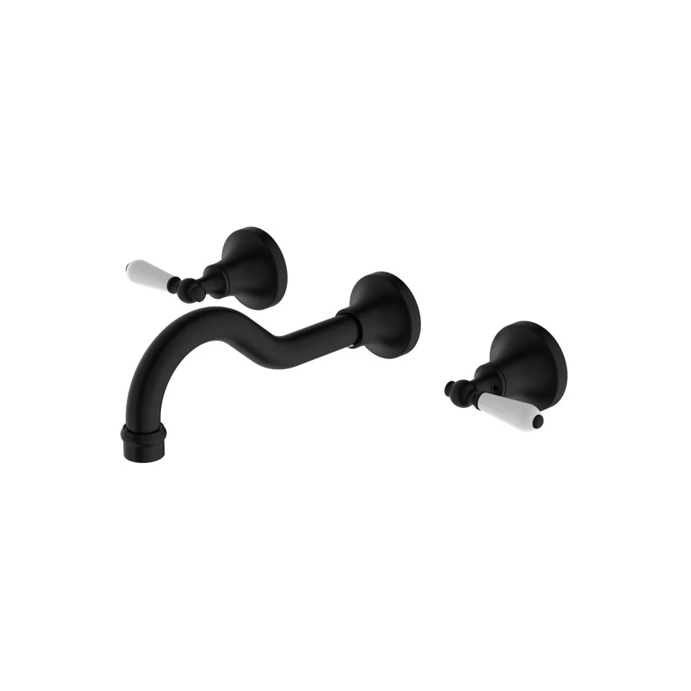 Nero York Wall Basin Set With White Porcelain Lever - Black Matte