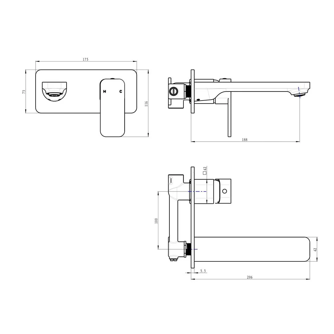 Linsol Zia Wall Basin or Bath Mixer - Gunmetal - Image 2